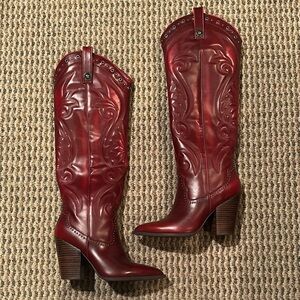Women's Red Embossed Leather Boots